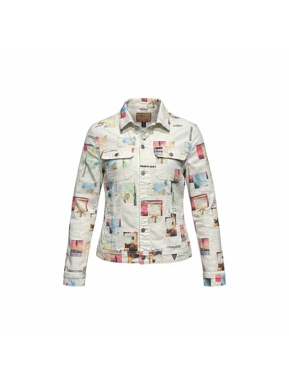 GUESS Men’s Summer Daze Collage Print Denim Trucker Jacket White XL